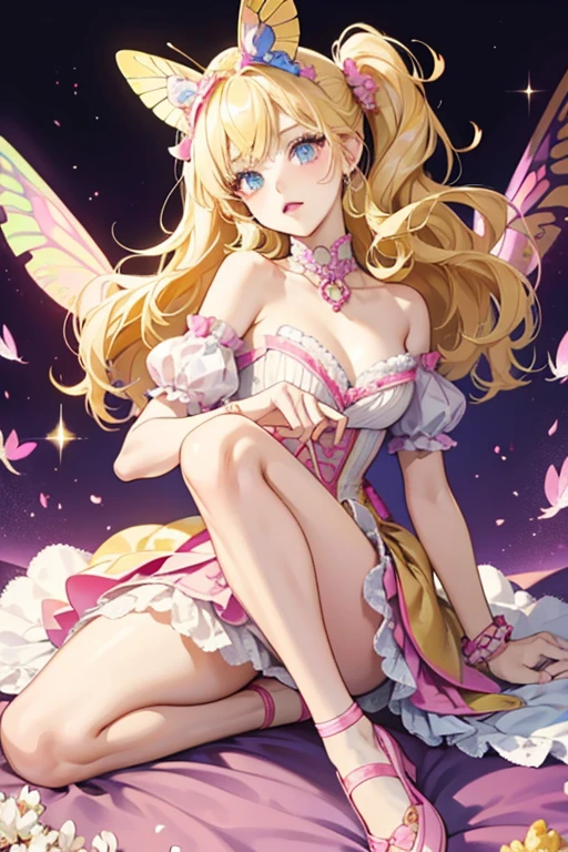 Popette's eyes gain a yellow streak and she wears soft pink lipstick and blue eye-shadow. Her thick blonde hair is worn in several, large curls with her bangs swept to the right and the remainder tucked back. She has random sections dyes pink and pink and wears a hot pink ornament and pale yellow butterfly eye mask. She wears a blue scalloped top with a butterfly on each scallop to match the pale yellow neckline. Beneath the chest is a skinny pale yellow band, and her puffed sleeves are hot pink. Her puffy pale yellow skirt has gold and pale pink butterflies on it, and the bottom is lined with peach scallops. She also wears blue ballerina shoes with a butterfly on the toe and a pale pink wing on the ankle, and hot pink stockings with popcorn cuff. On her wrist is a pale yellow popcorn bracelet. SPARKLE; GLITTER