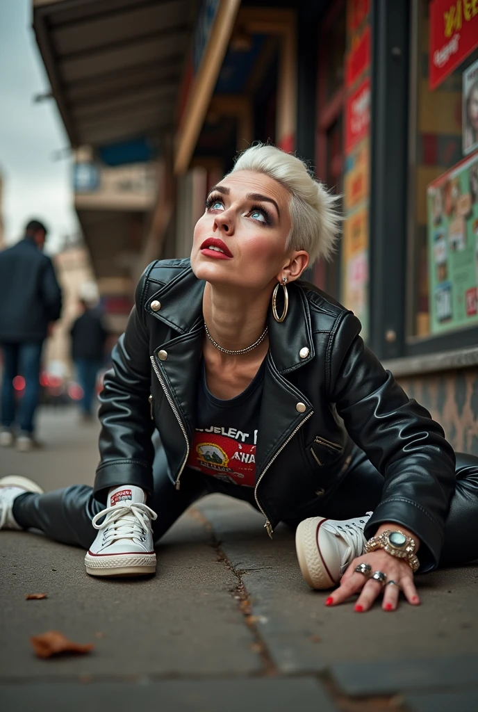 old russian milf, platinum blonde hair, long neck, long hair in pompadour male style with shaved sides but long in the back. Big light blue eyes, very pale, excess of makeup. Wearing black moto jacket with popped up collar, cropped rock band t-shirt with low neckline, black shiny leggings and dirty white tennis sneakers. Big loop earrings. Wide tacky belt with big buckle, dog collar, lots of rings and studded bracelets , Full body, kneeling with thumbs in pockets in the street, looking up in awe. Point of view from above