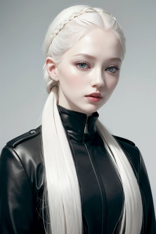 (She is an beautiful albino woman, her skin pale as snow as well as her hair, her pale fleshy pink lips as well as her cheeks, her eyes as blue as ice, her long eyelashes combining perfectly with her almond eyes, thin and thin eyebrows. her hair pulled back into a ponytail, dressed in black military clothes.)