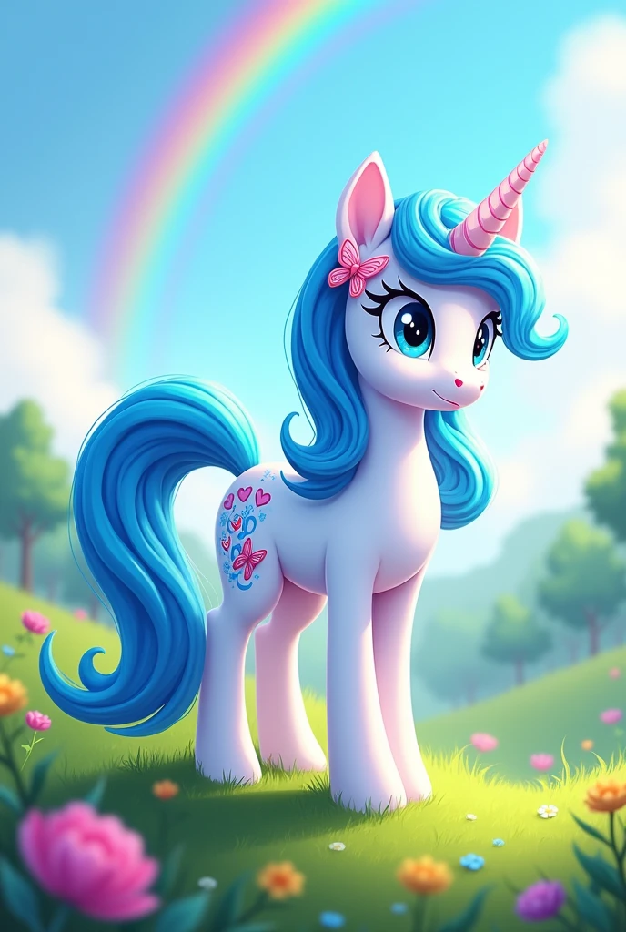 pony from my little pony with white color and blue mane and blue tail and blue eyes and with the cutie mark of kitty with butterfly wings and musical notes and alicorn in equestria