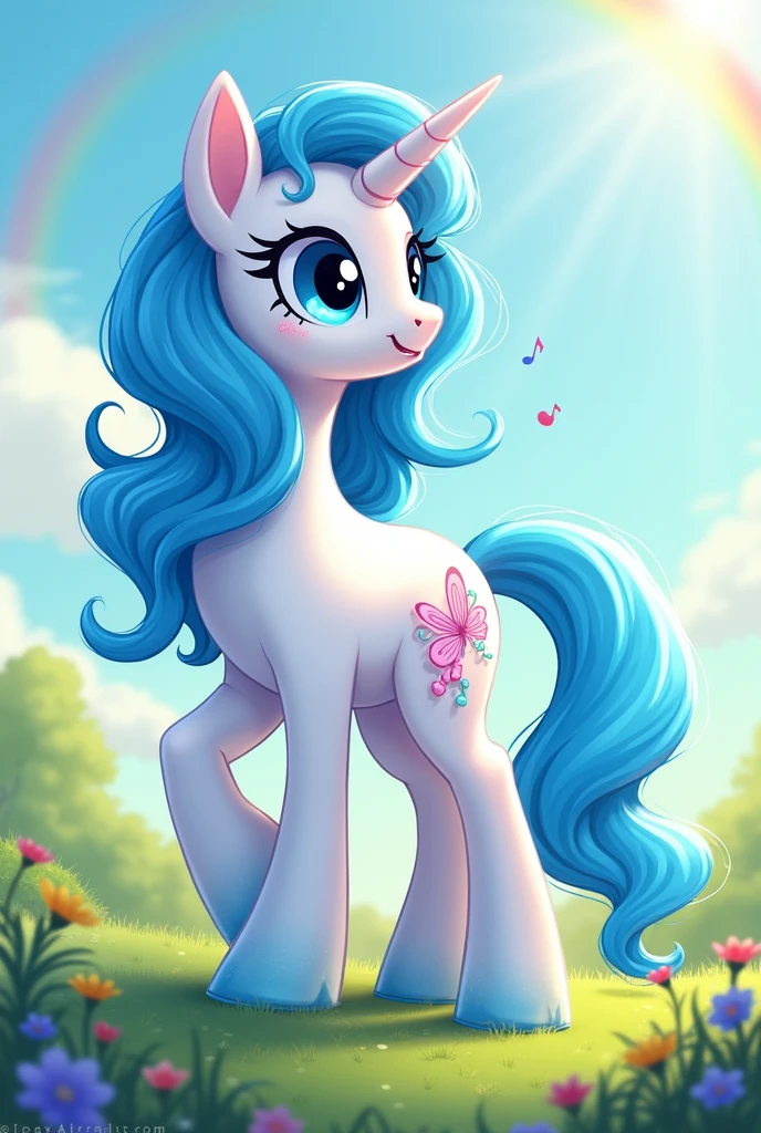 pony from my little pony with white color and blue mane and blue tail and blue eyes and with the cutie mark of kitty with butterfly wings and musical notes and alicorn in equestria