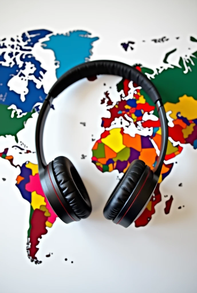a world map with headphones and containing a rainbow white background