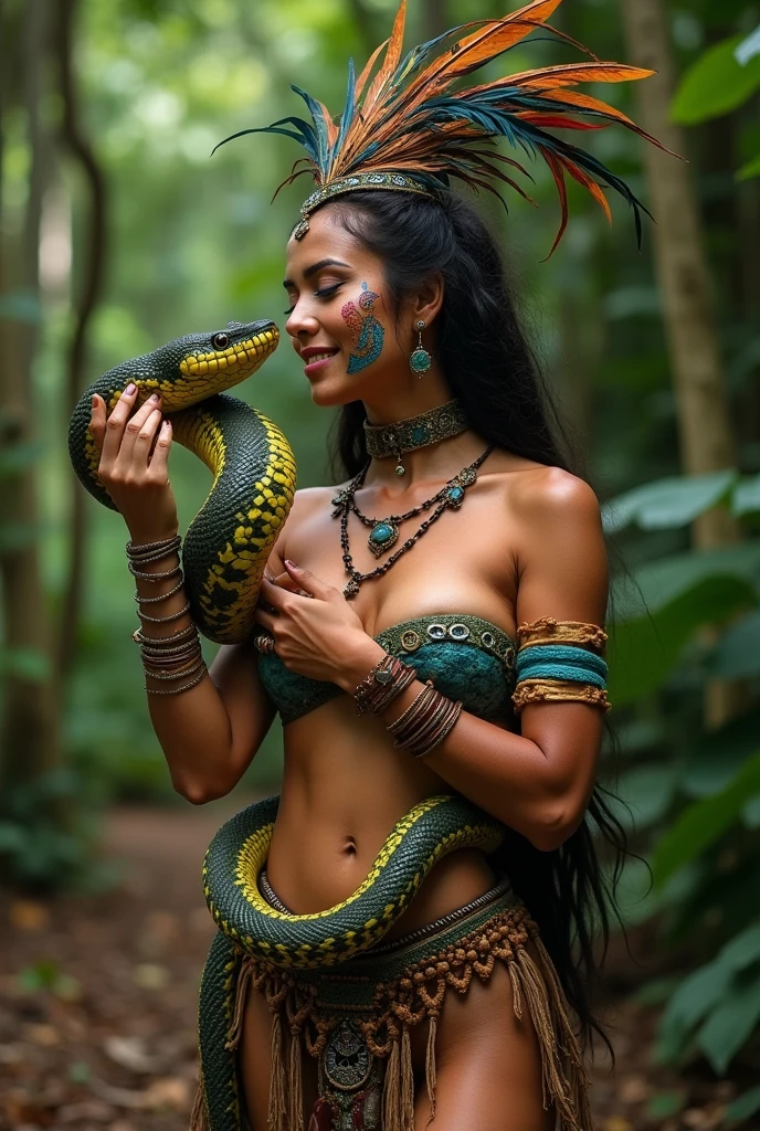 Magnificent detail, 8K Photos, hyper- realism, realistic background, visual depth, wide angle lens, all-body, 1 beautiful woman indigenous tupi guarani naked, covering the private parts with a snake. standing. barebody. Facial expression seduction, seducing smile. captivating stare. Indigenous facial painting. plume on head. Amazonian Brazil setting. brazilian forest. Spectacular beauty. Snake 4 meters. Woman holding the snake's head with her hand near her face. Woman looking at the snake's eye. Woman facing forward, looking at the photo. Snake coiled around the woman's body. Woman with a thin waist and a big butt. She is at the center of a circle formed by Indian men, performing a ritual.
