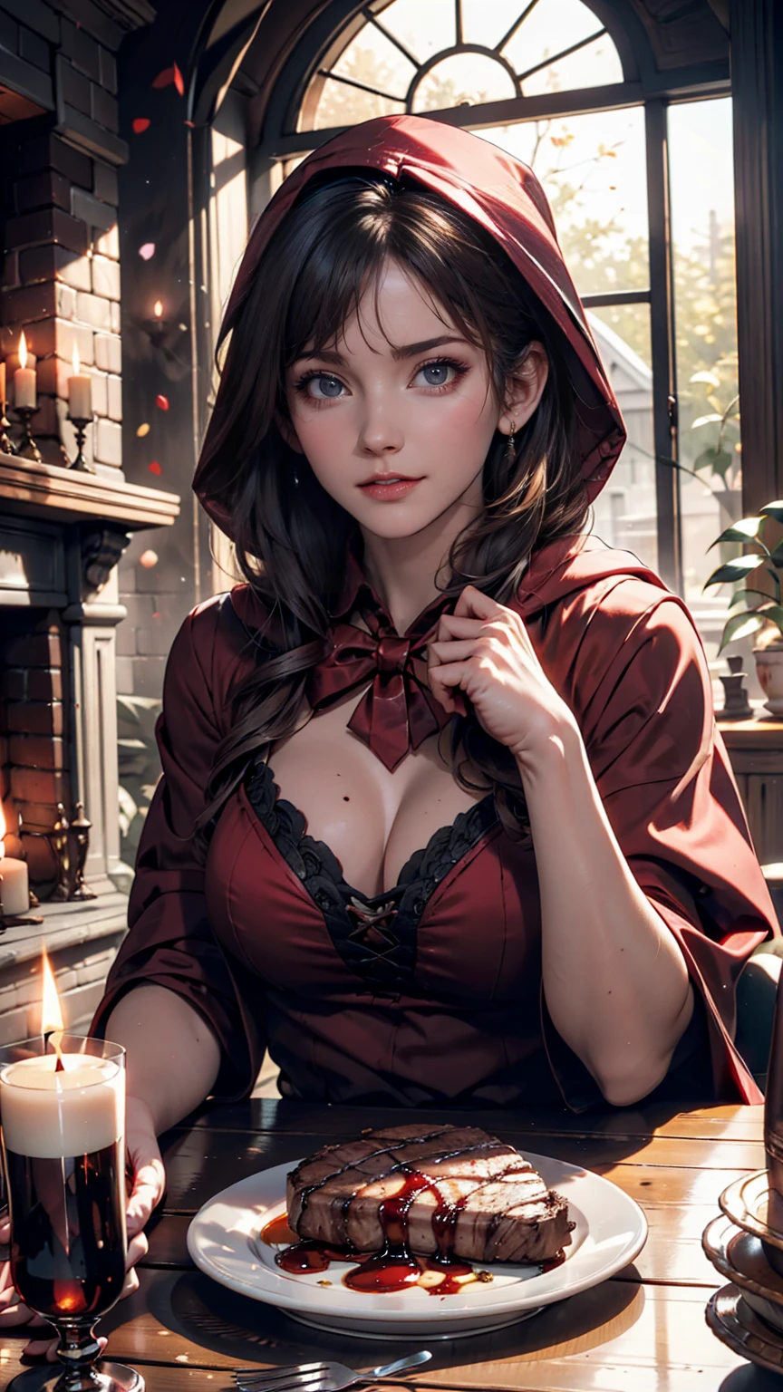 little red riding hood, fireplace, Dining table, Bloody steak, Candles, red wine