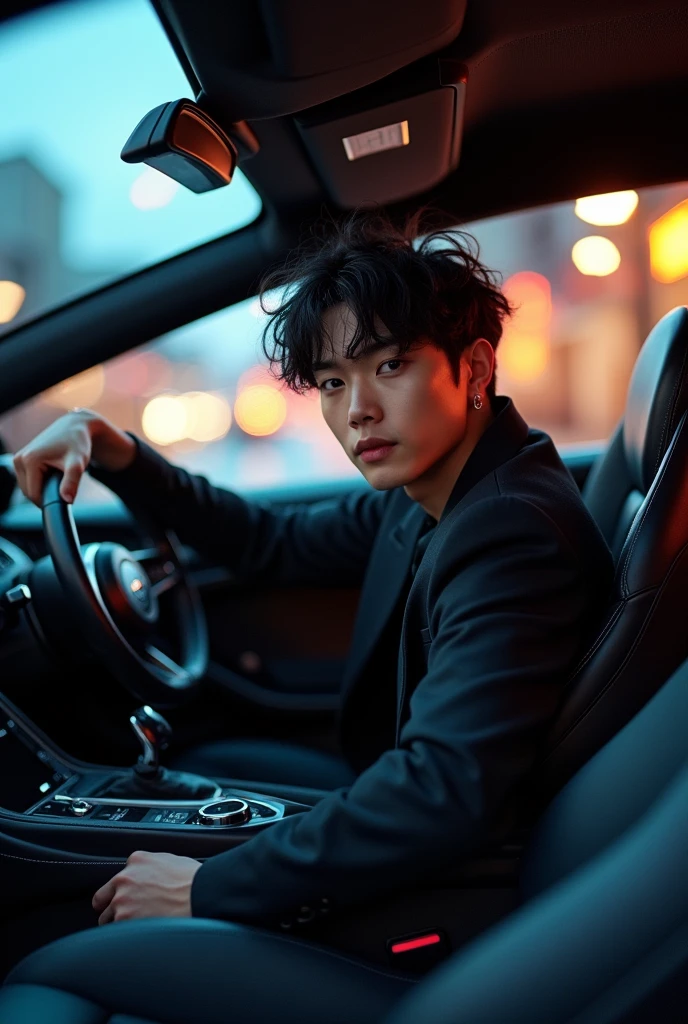 Make a picture of a man similar to BTS's Jungkook in a car