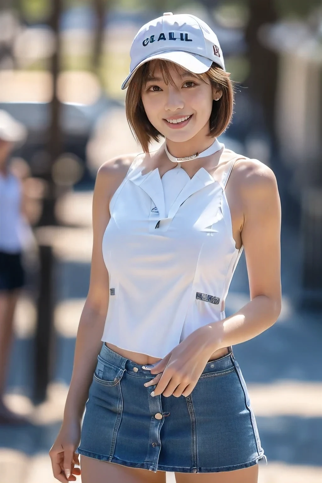 (At the yacht harbor:1.5)、(Wearing a baseball cap on a summer day:1.5)、(A cute smiling 18-year-old woman:1.5)、(The best quality at its best:1.4), (Super detailed), (Very detailed CG unified 16k), Beautiful woman with perfect figure: 1.4, Sharp focus: 1.2, Very detailed, High-quality RAW color photos, Professional photography, Great face and eyes, cosmetics, (Stunningly beautiful), ((A white tank top with a low neckline, revealing bare skin.:1.5)), (Denim mini skirt:1.5)、Realistic movie faces, Full body long view from head to toe, Realistic, ((Realistic natural orange red hairstyle)), ( Short Bob Hair:1.5), (necklace:1.5)、, Very beautiful face, Perfect model beauty, Mouth swelling, Very detailed face and skin texture, Fine grain, double eyelid, Medium chest, (masterpiece), Highest quality, High resolution, Very detailed, Blurred Background, Depth of written boundary, Cinema Lighting, Great legs, , Clear, well-maintained skin,((Full body shot from head to toe:1.5))