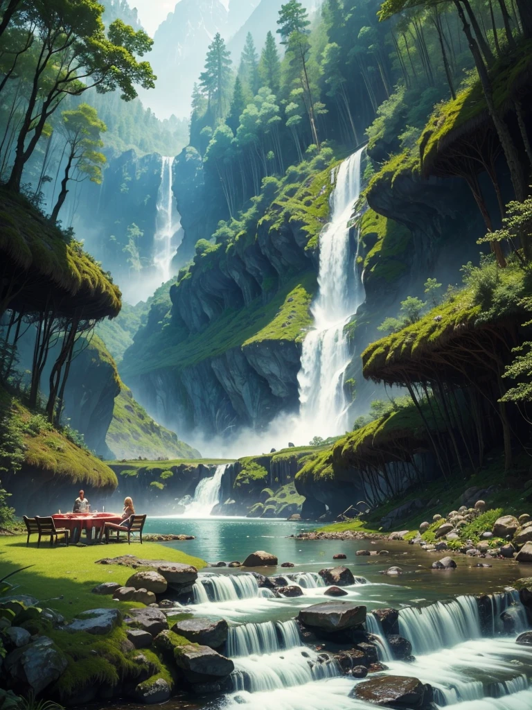 In a giant forest，masterpiece，barbecue，Super high-end ingredients，steak，waterfall，river，meat，Paradise，romantic，Drink，mysterious，Fantasy，perfection