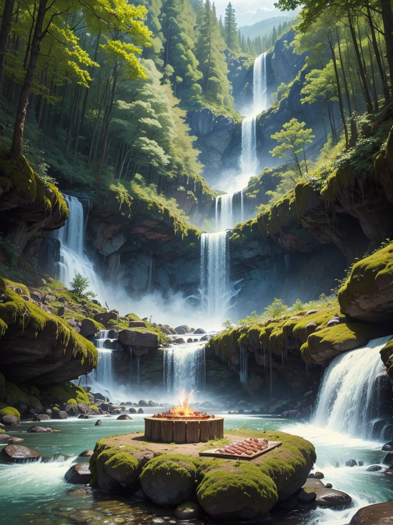 In a giant forest,masterpiece,barbecue,Super high-end ingredients,steak,waterfall,river,meat,Paradise,romantic,Drink,mysterious,Fantasy,perfection
