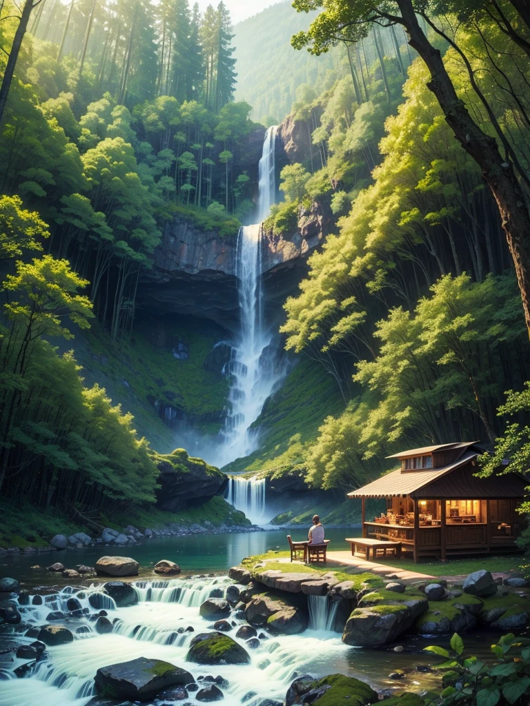 In a giant forest,masterpiece,barbecue,Super high-end ingredients,steak,waterfall,river,meat,Paradise,romantic,Drink,mysterious,Fantasy,perfection