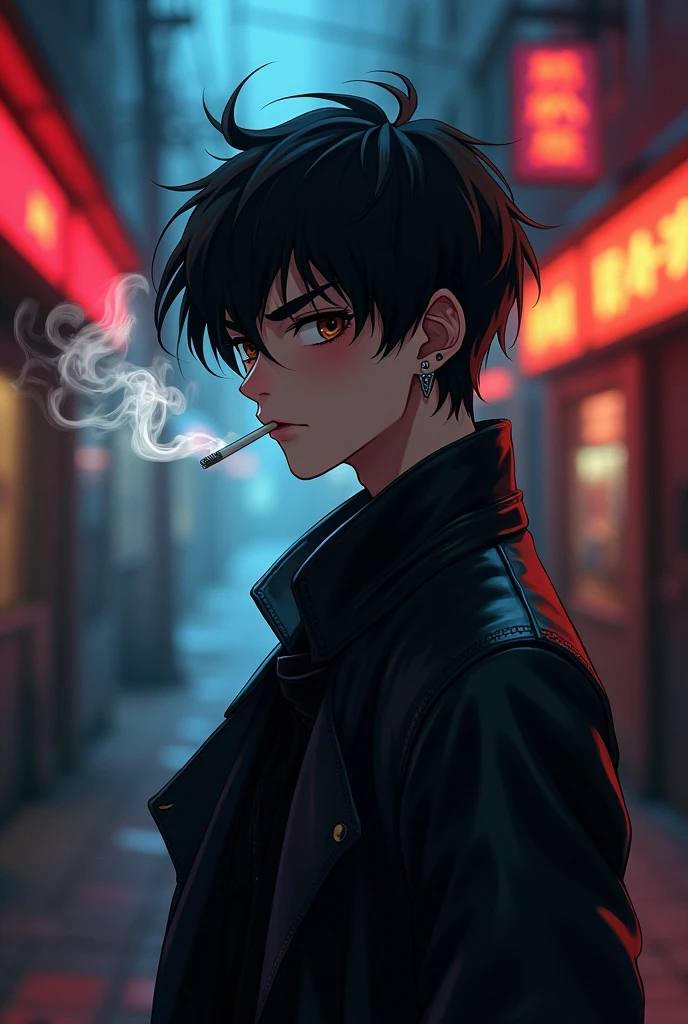 A handsome boy with thin facial features, with brown eyes, one steel earring in left ear
side shot, on the street, with a cigarette in his mouth, wearing a leather coat in anime, dark street, smoke