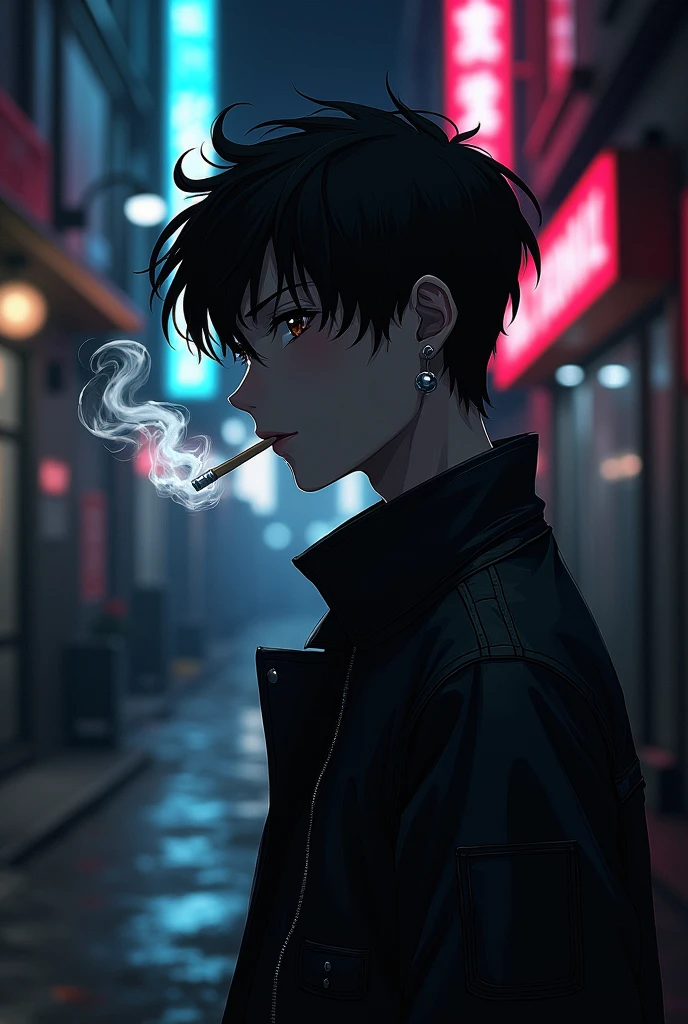 A handsome boy with thin facial features, with brown eyes, one steel earring in left ear
side shot, on the street, with a cigarette in his mouth, wearing a leather coat in anime, dark street, smoke