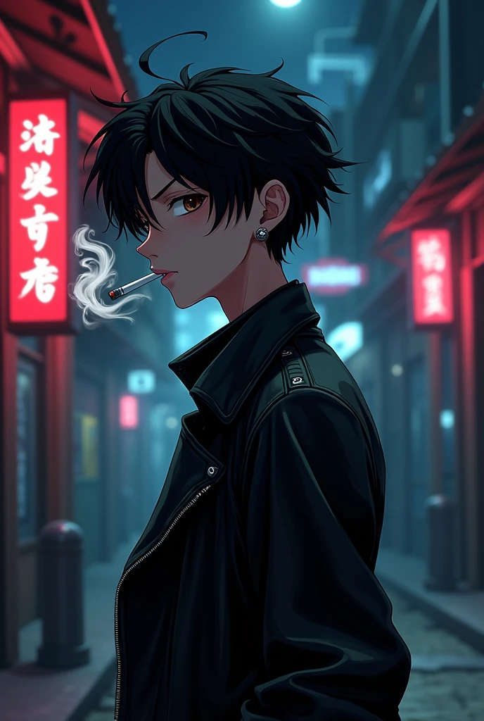 A handsome boy with thin facial features, with brown eyes, one steel earring in left ear
 side shot, on the street, with a cigarette in his mouth, wearing a leather coat in anime, dark street, smoke 
