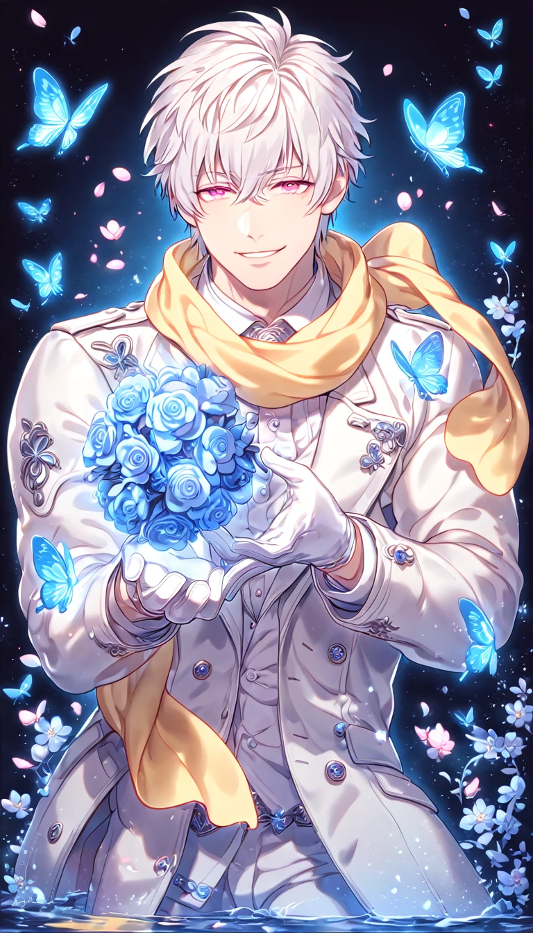 absurdres, highres, ultra detailed, HDR, master piece, best quality, extremely detailed, Clear, white hair, expressive pink eyes, Dramatical Murder, solo, sexy man, handsome, handsome smile, manly man, sensual, horny, white coat, white shirt, yellow scarf, white gloves, fantasy, magical, blue moon, blue flowers, blue butterflies, blue petals, blossoms, water