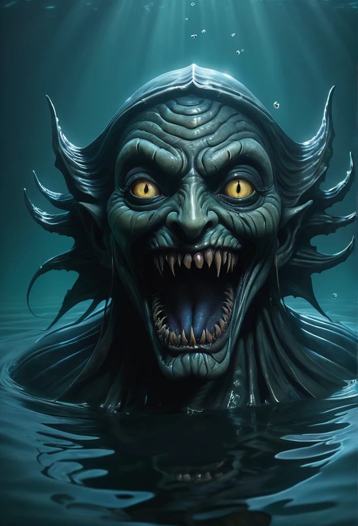 submerged fish-face figure, ripples, evil grin, horror fantasy art, fantasy horror art, photorealistic dark concept art, in style of dark fantasy art, lich vecna (d&d), dark fantasy art, detailed 4k horror artwork, stefan koidl inspired, ((stefan koidl))