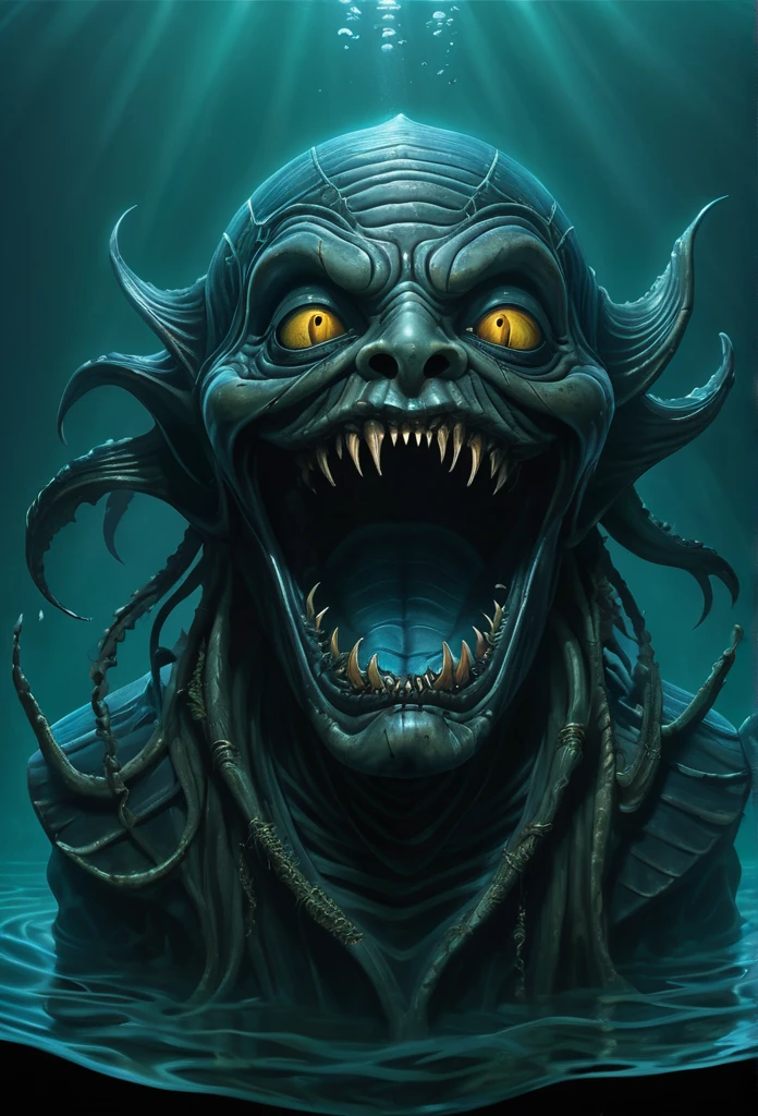 submerged fish-face figure, ripples, evil grin, horror fantasy art, fantasy horror art, photorealistic dark concept art, in style of dark fantasy art, lich vecna (d&d), dark fantasy art, detailed 4k horror artwork, stefan koidl inspired, ((stefan koidl))