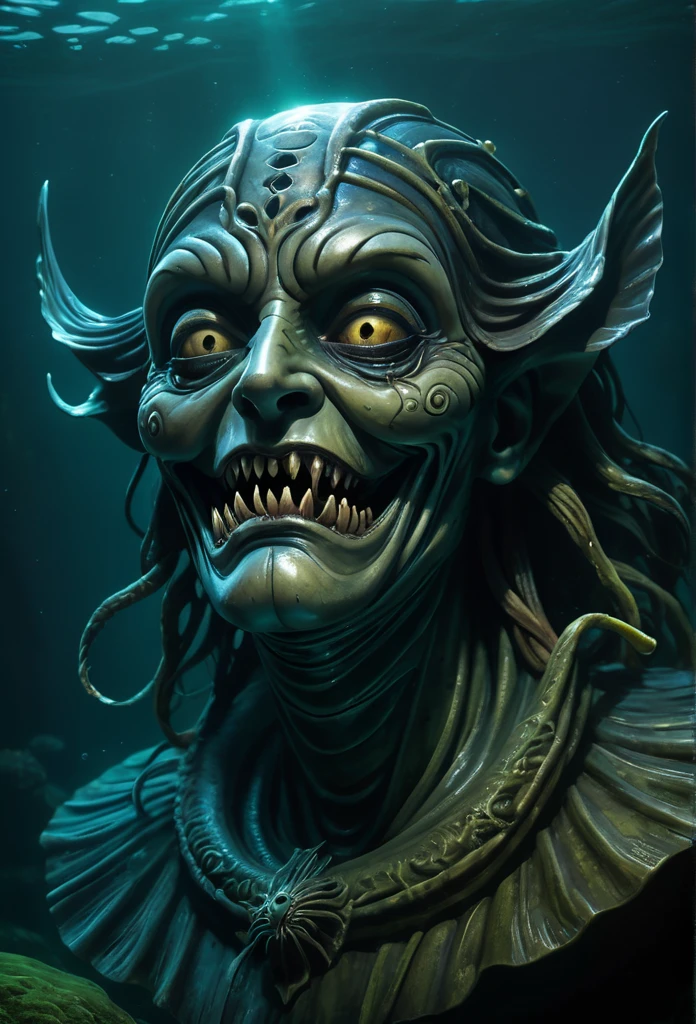 submerged fish-face figure, ripples, evil grin, horror fantasy art, fantasy horror art, photorealistic dark concept art, in style of dark fantasy art, lich vecna (d&d), dark fantasy art, detailed 4k horror artwork, stefan koidl inspired, ((stefan koidl))