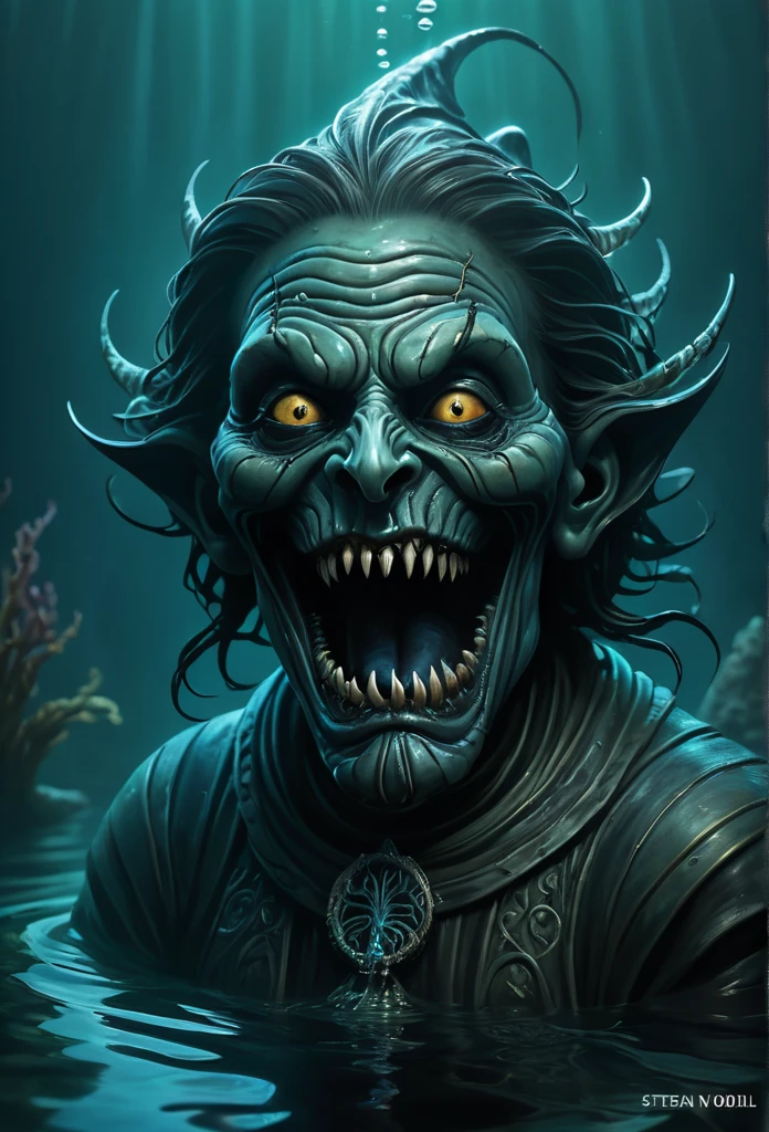 submerged fish-face figure, ripples, evil grin, horror fantasy art, fantasy horror art, photorealistic dark concept art, in style of dark fantasy art, lich vecna (d&d), dark fantasy art, detailed 4k horror artwork, stefan koidl inspired, ((stefan koidl))