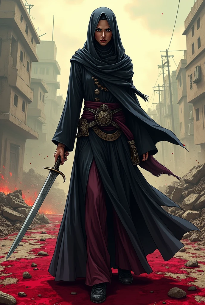 Hijab Queen, weapon knife, blood splashing, blood splashed,