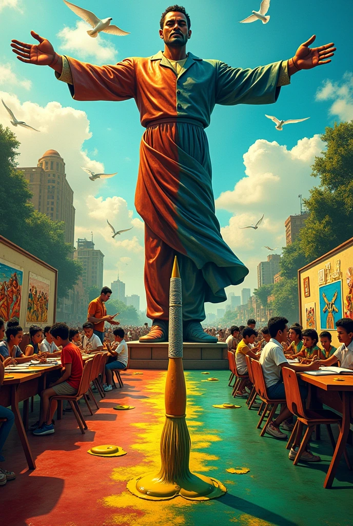 Create an image that portrays the importance of art for the Brazilian economy and education.
Idea 1: Representing Economy and Education
Central Figure: A sculpture of a famous Brazilian artist (ex: Aleijadinho) with his arms outstretched to the sides.
left side: Representing the economy - people of diverse professions (musicians, Craftsmen, designers, etc.) with their work tools, showing the variety of jobs that art generates.
right side: Representing education - children and young people in a colorful classroom, learning about Brazilian art and culture, with books and canvases in the background.
Idea 2: The Impact of Art
Foreground: A brush with paint in the colors of the Brazilian flag, as if he were painting the background scene.
Second plan: A scene divided into two parts. On one side, the favela, representing social inequality, and the other, a museum or theater, representing access to culture. The ink of the brush "Transform" the favela em um local com mais cor e vida, mostrando o poder Transformdor da arte.
Tips for Image Description:
swirly vibrant colors: Use and abuse colors to convey the joy and richness of Brazilian culture.
Elements of Brazilian culture: Include elements like musical instruments (berimbau, tambourine), traditional dances (samba, FREVO) and folkloric characters (Saci-pererê, Curupira) to give the image an even more Brazilian touch.
sharp contrast: Explore the contrast between light and shadow to highlight the importance of art amidst social and economic challenges.
Remember to provide these ideas and additional details to the artist or AI tool to generate the desired image.