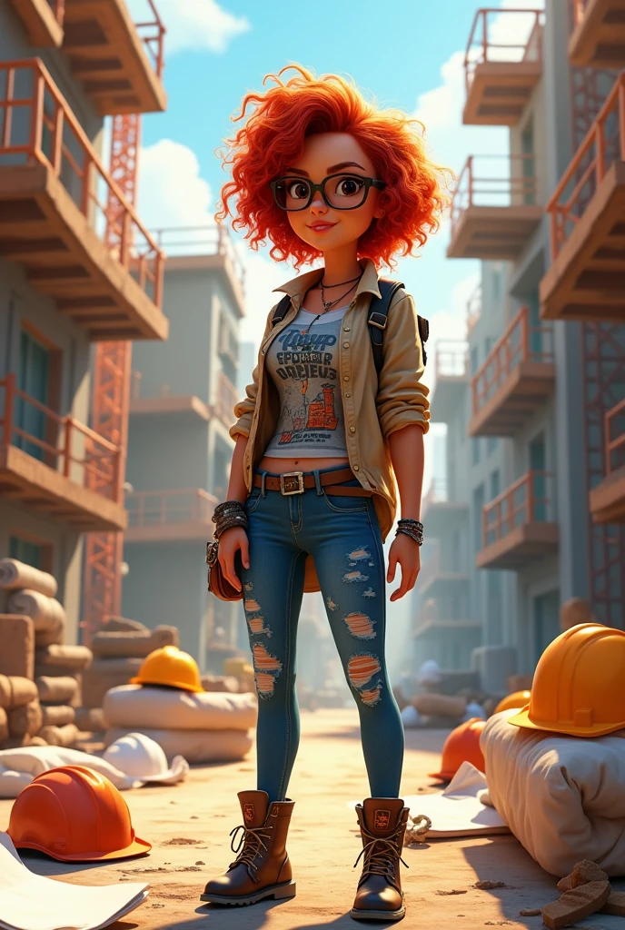 Female architect with a chubby body and medium-short curly red hair at shoulder length, with glasses tan skin, dark eyes and hipster glasses, with bracelets and nose piercing, with rockstar style bag, ripped denim jeans, with a rock t-shirt and a canvas shirt open on top and construction boots, version Disney Pixar Cartoon 