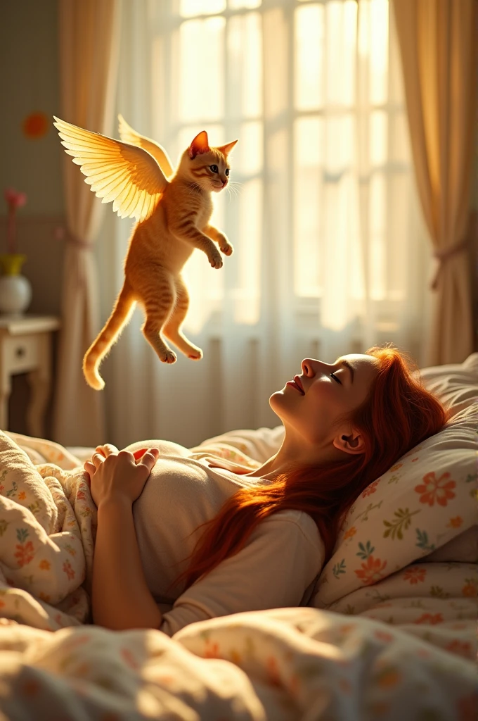 Realistic image of a woman with long red hair in her bedroom lying on the bed receiving from the heavens the visit of her yellow kitty that is gone. The kitty is male, slender and yellow, yellow eyes and is flying with angel wings like in a dream inside the room.