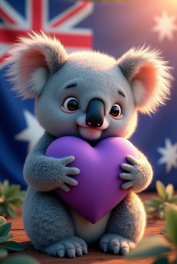 Koala hugging a purple heart. Say ADN COMPENSAR with a background of the Australian flag
