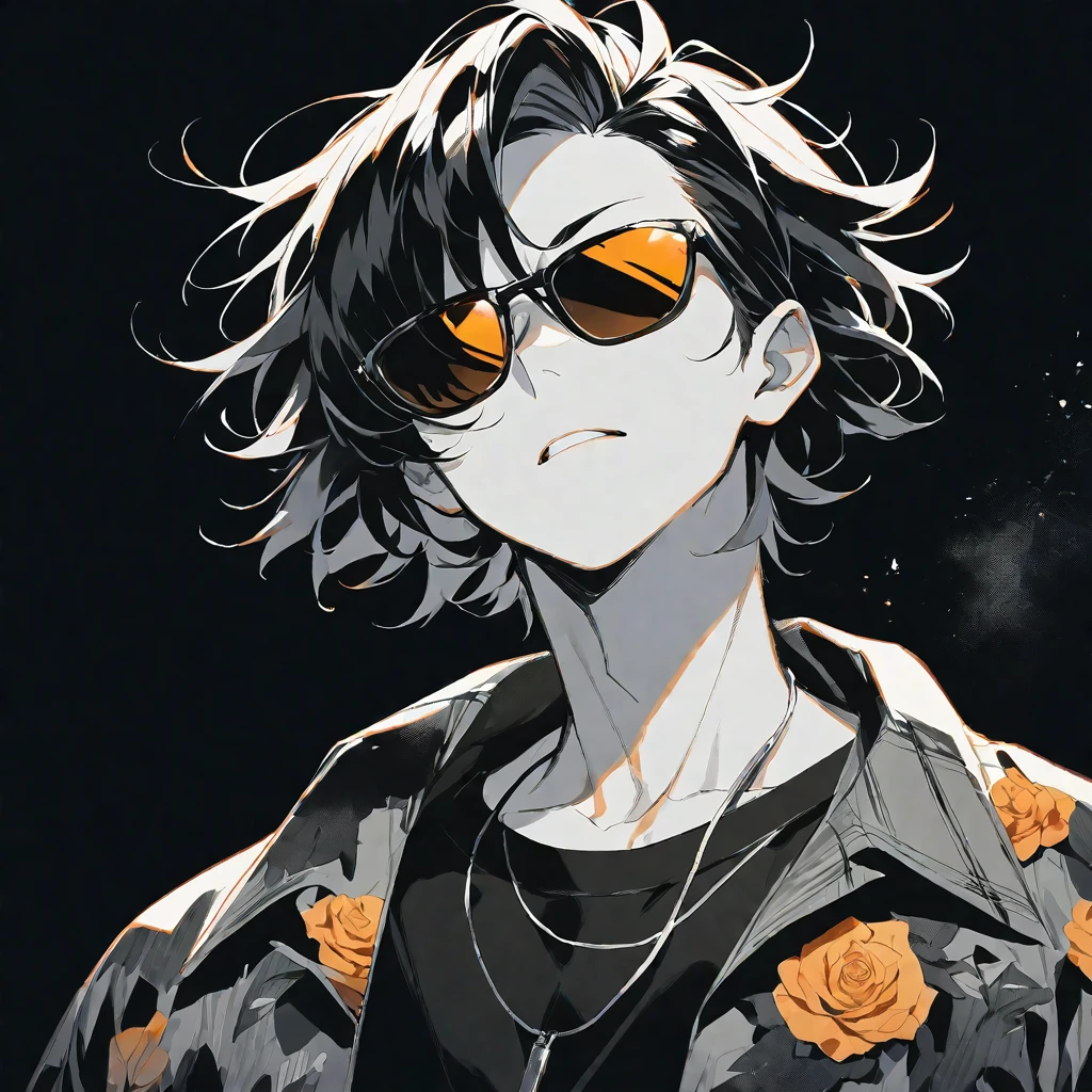 Solo,handsome, monochrome,watercolor,1 male, short hair, asymmetrical bangs black hair, yellow eyes, Gojo Satoru,casual,Orange Rose T,black Oversized 服,casual,Stylish,cool,Wear sunglasses around your neck,Void,look up,
blackbackground,İcon,Despise face up