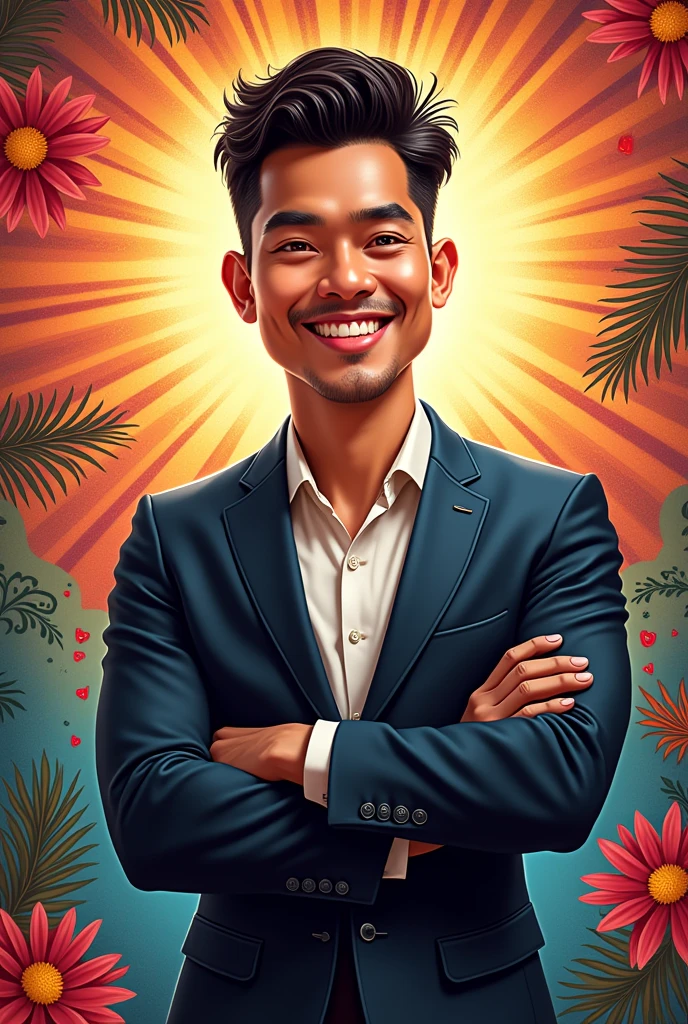 4D caricature of an Indonesian man, 33 years old, with a clean face, neat hair, wearing a suit, not thin