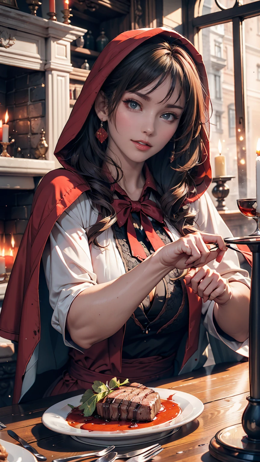 little red riding hood, fireplace, Dining table, Bloody steak, Candles, red wine