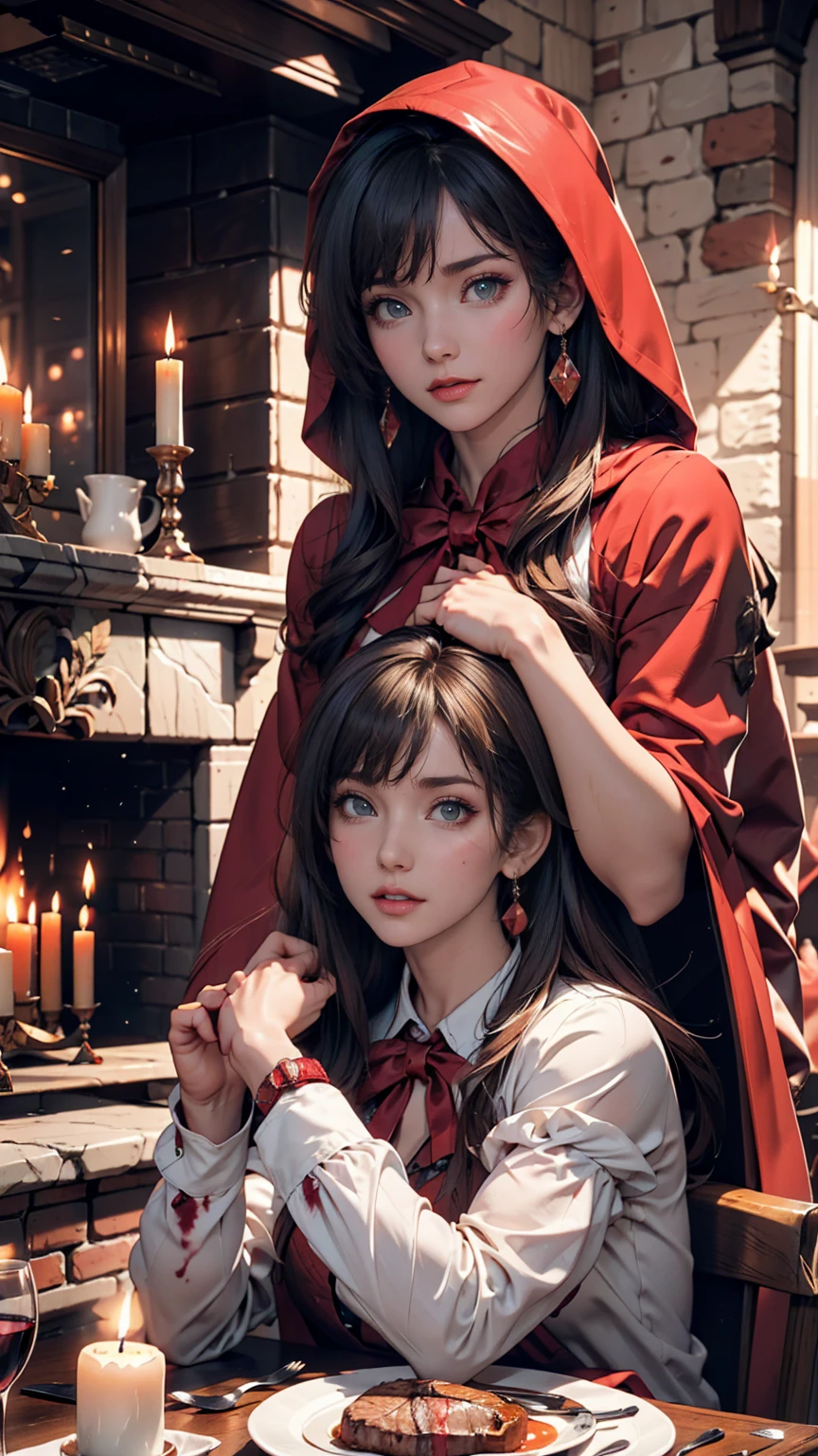little red riding hood, fireplace, Dining table, Bloody steak, Candles, red wine