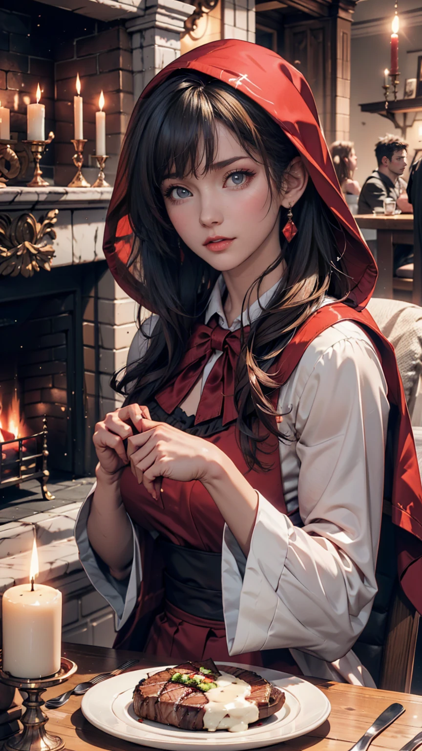 little red riding hood, fireplace, Dining table, Bloody steak, Candles, red wine
