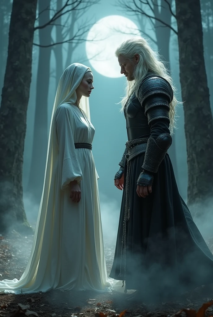 Make a bald woman with pale skin , wearing a white robe that covers her entire body and hood, and has a round face and a height of 1.56, and on the wing make a woman with a height of 1.68 cm ,with unkempt white hair wearing black medieval-style clothing , He makes you fight