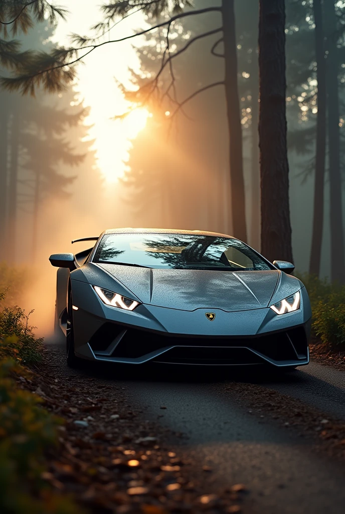A grey Lamborghini, riding in the forest, at dawn, headlamp is turned on. A detailed photograph