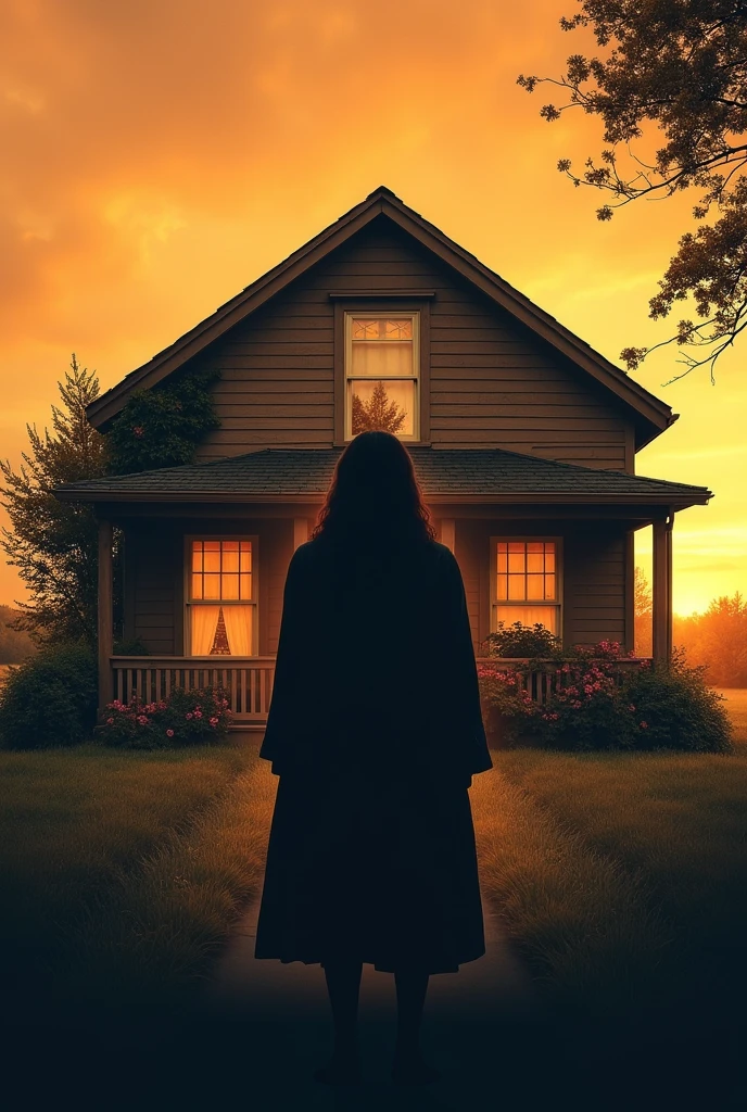 A scene of a simple and humble house, and in front of it, an image of a fat woman whose face is not visible, only her silhouette, a dark shadow in front of the scene. This is a poster for a play.
