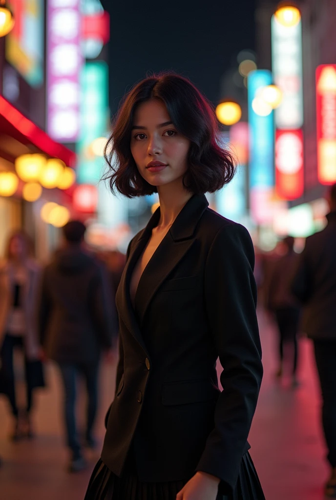gorgeous young woman, short black hair, eyes browns, empress,pleated skirt suit,street lamps,neon,busy street background,(へそ:1.1,princess eyes), nobility, royaltly, high qualiy, work of art, highy detailed