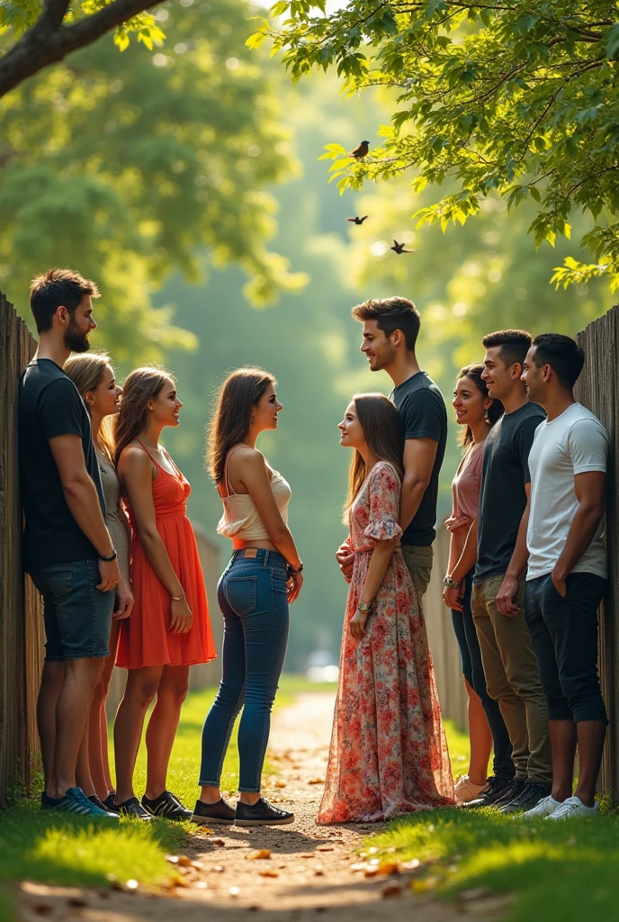 Create an image where on one side there are four beautiful and slender girls dressed normally and separated by a fence, on the other side are seven handsome and muscular guys dressed casually.