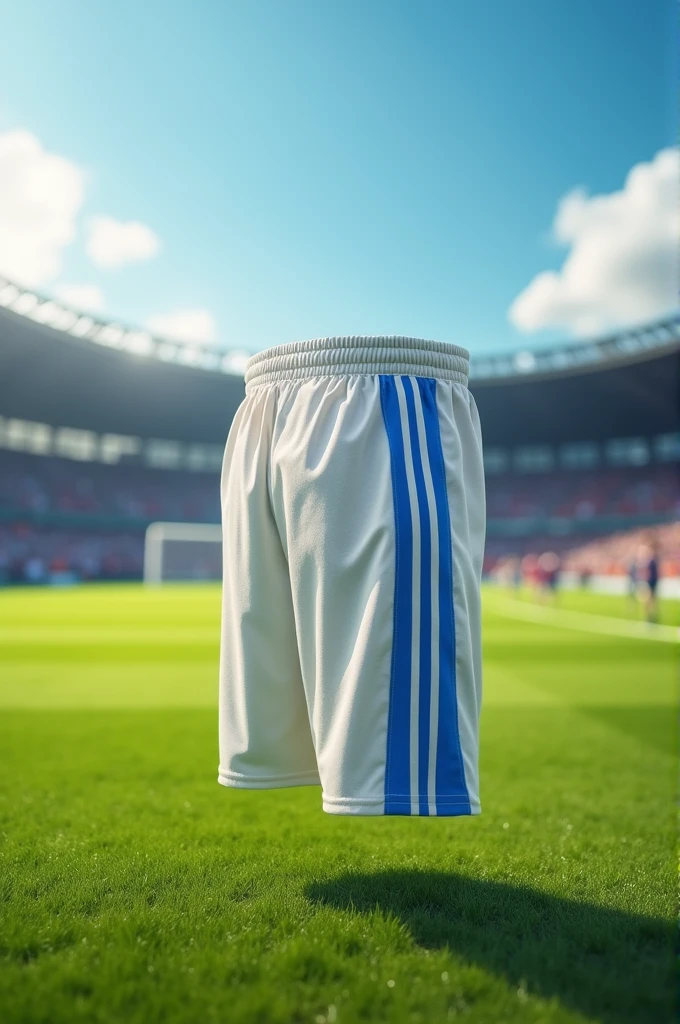 Soccer uniform shorts, offwhite, Blue side stripe