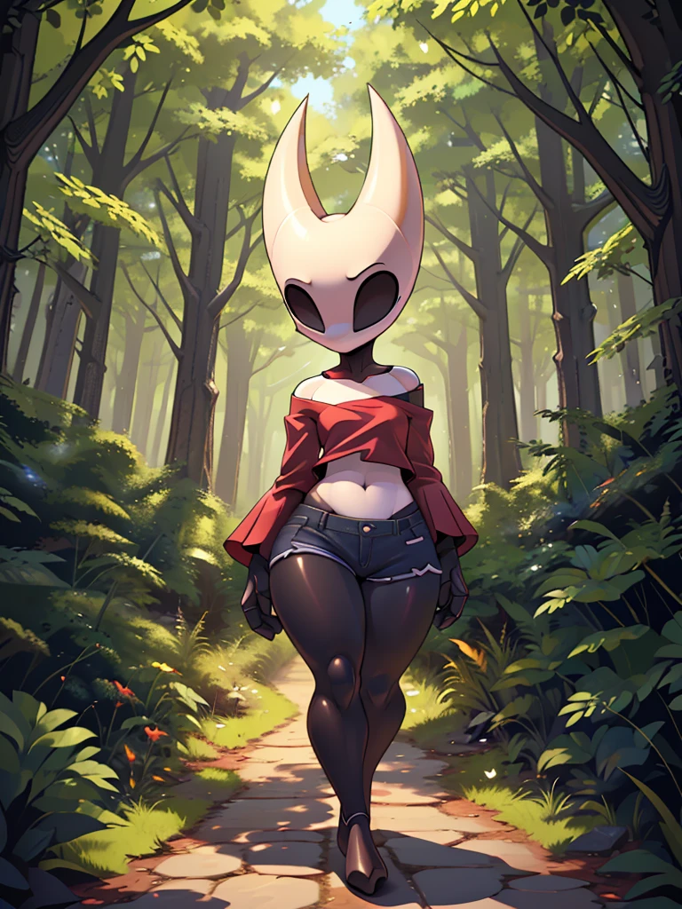 (masterpiece), ((perfect anatomy)), (high Res), (4k), hornet, ((insectoid)), ((segmented body)), ((insect body parts)), black body, (white head), 3 fingers(index, middle and thumps), flat chest, wide hips, (((red lone sleeved top))), (((tight mini shorts jeans))), walking in a forest, (((solo))), narrow waist, (cute artstyle), full body