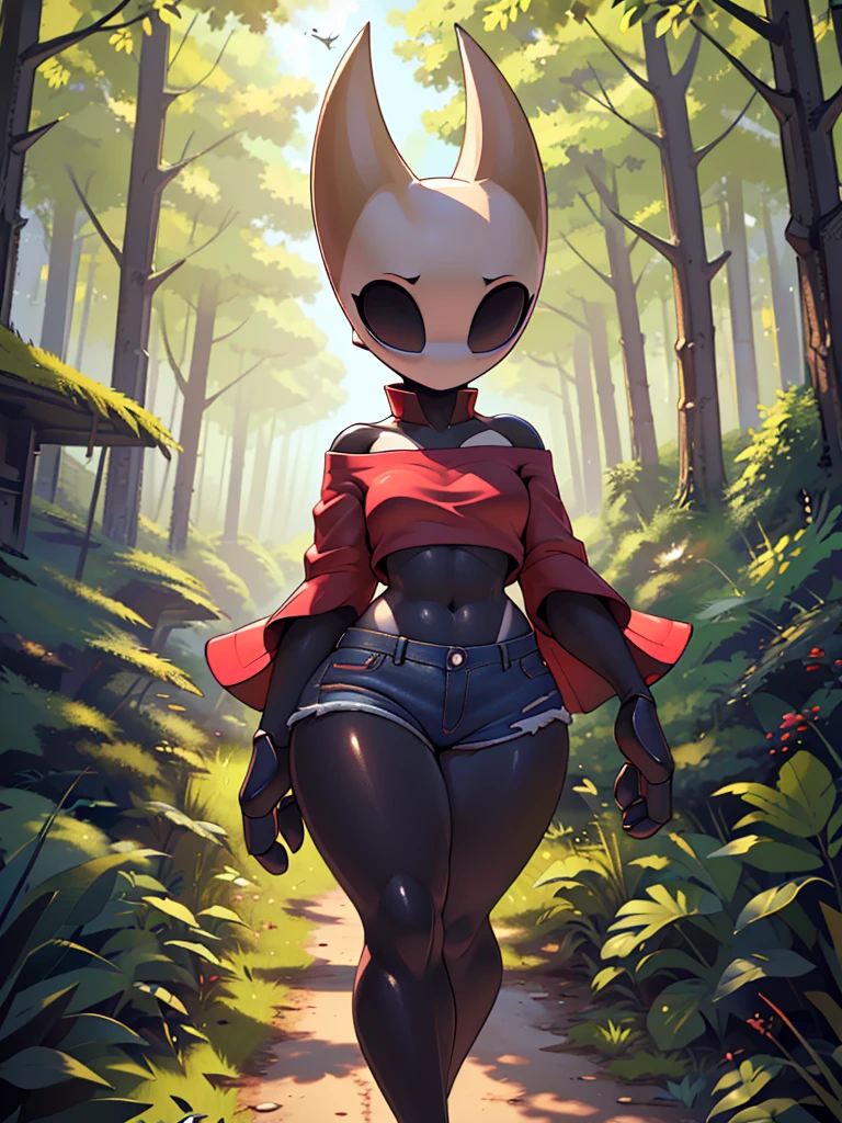 (masterpiece), ((perfect anatomy)), (high Res), (4k), hornet, ((insectoid)), ((segmented body)), ((insect body parts)), black body, (white head), 3 fingers(index, middle and thumps), flat chest, wide hips, (((red lone sleeved top))), (((tight mini shorts jeans))), walking in a forest, (((solo))), narrow waist, (cute artstyle), full body