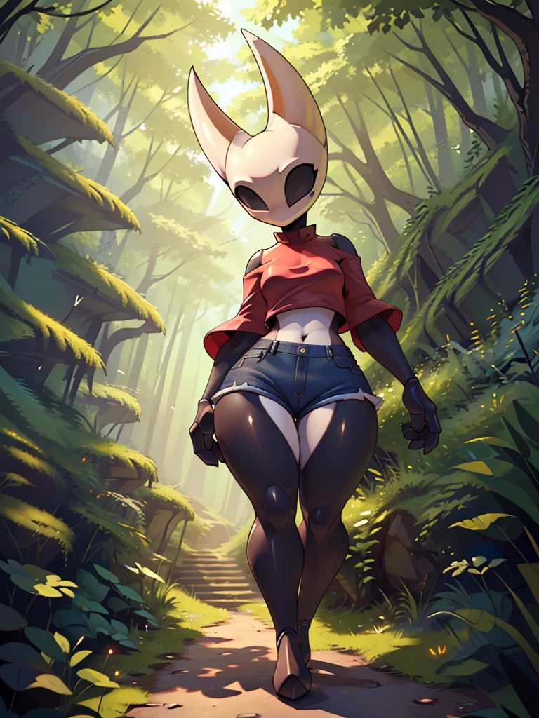 (masterpiece), ((perfect anatomy)), (high Res), (4k), hornet, ((insectoid)), ((segmented body)), ((insect body parts)), black body, (white head), 3 fingers(index, middle and thumps), flat chest, wide hips, (((red lone sleeved top))), (((tight mini shorts jeans))), walking in a forest, (((solo))), narrow waist, (cute artstyle), full body