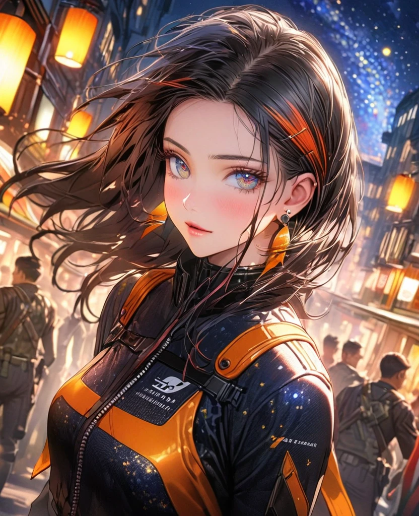 8k,Vibrant beauty,Very delicate and beautiful,Beautiful and realistic skin,Earrings,Black Hair、Long and colorful hair,Beautiful Eyes,good,Beautiful starry night、Combat Uniform、assassin、City of night、uniform