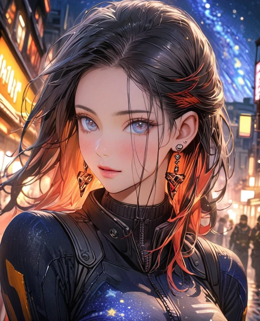 8k,Vibrant beauty，Very delicate and beautiful,Beautiful and realistic skin,Earrings,Black Hair、Long and colorful hair,Beautiful Eyes,good,Beautiful starry night、Combat Uniform、assassin、City of night、uniform