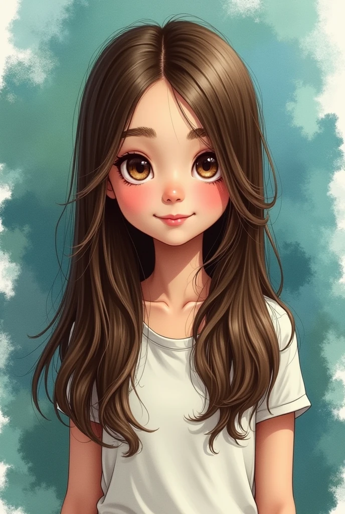 A brunette teenager with straight brown hair, brown eyes pulled towards black. It looks like a drawing