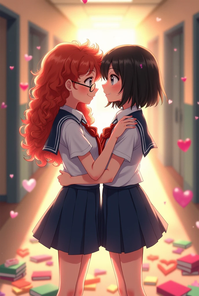 create an image with two teenage girls wearing school uniforms, they are embracing romantically, one has curly red hair, glasses and is blushing and smiling, the ither girl is looking at her lovingly but slightly annoyed, she has black layered wispy hair and has a nose piercing, they are surrounded by books and hearts