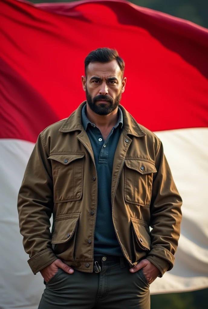 a masculine slight facial hair Jewish man in front of indonesia flag, wearing industrial outfit