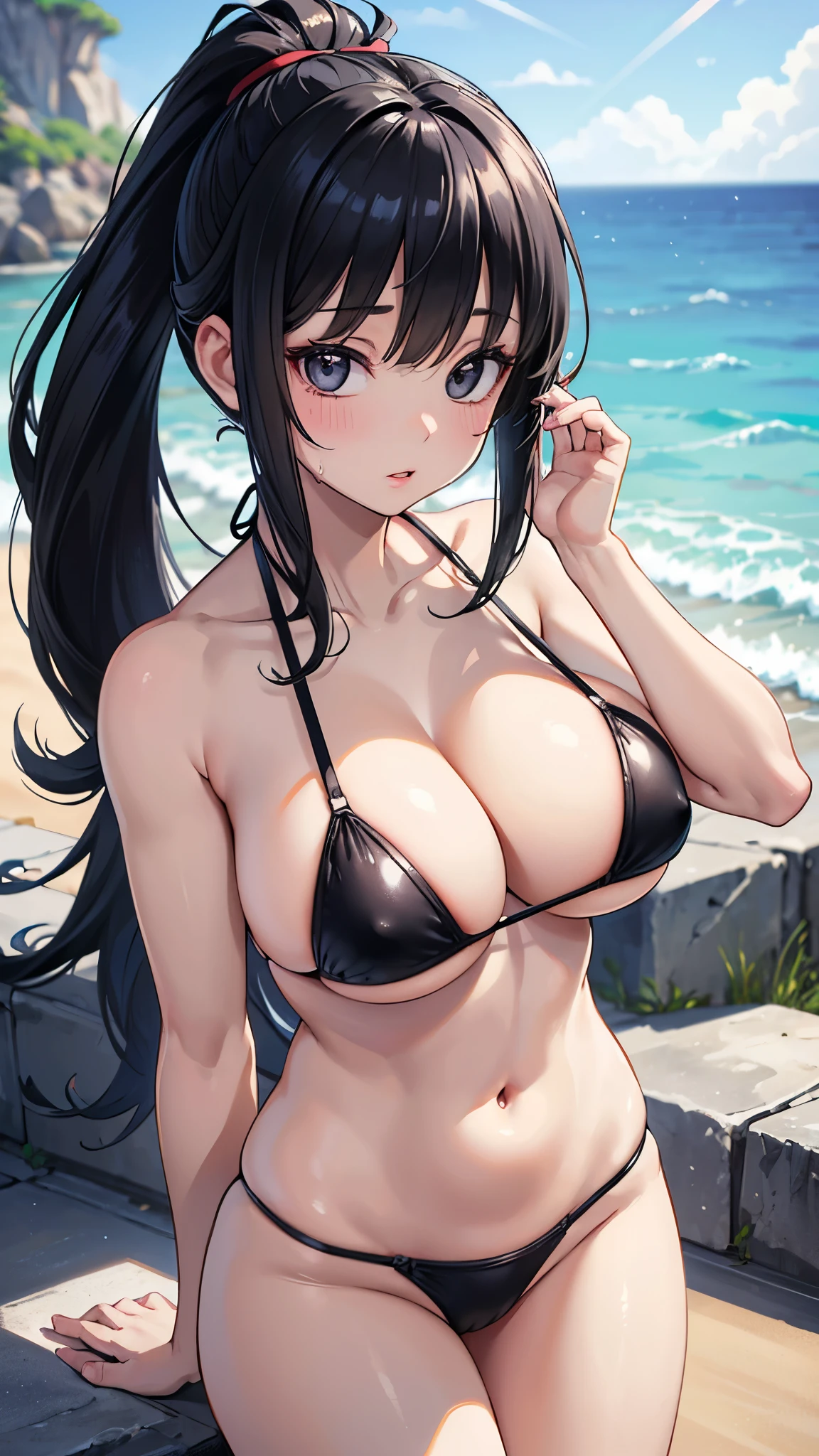 (masterpiece, 最high quality, 超High resolution, Very detailed), (Realistic:1.1, photoRealistic:1.4), Perfect illustration, Perfect lighting,Perfectly detailed hair, Perfect and exquisite face, Perfect collarbone, Perfect body,Juicy ???????, Perfect Thighs, Beautiful legs, View your audience, 1 person,Perfect Face, (Perfect ???????, Anatomically correct), Symmetrical face、((Shiny Hair)),???? Body、(masterpiece),(最high quality：1.3),8k,Very clear,(Ultra-realistic),Captivating woman,(high quality, High resolution, The finer details), Realisticなスタイルの女性,Juicy ???????、Perfect Woman、Perfect Face、Symmetrical face、Baby Face、((???????????))、?????? expansion、blush、((Juicy lips))、Cowboy Shot、(((Black hair in a ponytail)))、((Large, double-set black eyes、Long eyelashes))、(Red Makeup)、(((White ??????)))、((Wet Hair、Wet body))、(Healthy and well-developed body)、((Big ???? jk))、(Dazzling sunlight、Sandy Beach、Distant horizon)
