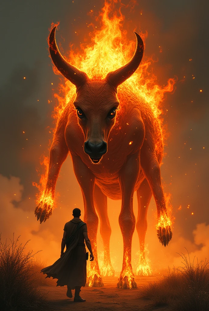 Description: "A terrifying figure, The headless mule, but with a flaming head and bright eyes, appears in the path of João. The creature has its body covered in flames and paws that raise sparks when they touch the ground. João is standing in front of the Mule, With an expression of terror, while the surrounding scenery is illuminated by flames, revealing the fear on the man's face and the menacing presence of the creature."