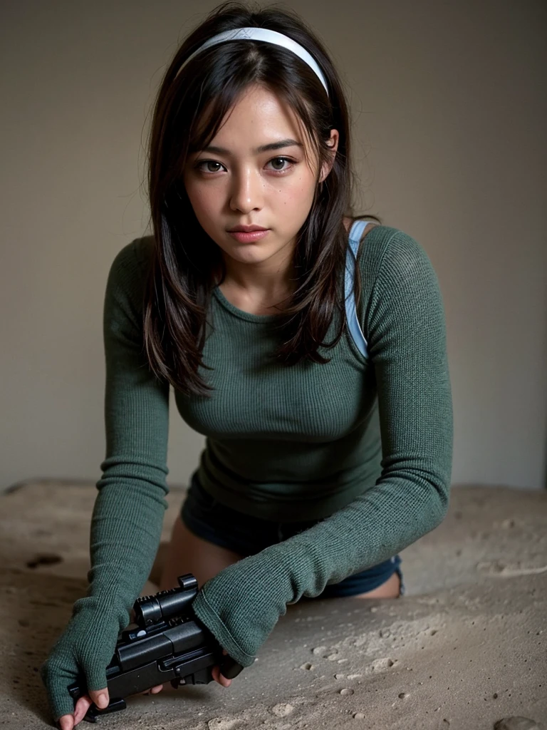(((Lunar Surface)))、(((Desolate desert)))、((Crouch down and aim your gun))、shooting、There is a woman holding a gun and taking a photo., With M4 Sopmod II rifle, 白いGirls Frontlineスタイル,
Every detail. Pistol,
Silent from Metal Gear Solid, Holding a rifle in your hands, Wearing moss green techwear and white armor, Girls Frontline, Professional Cosplay
