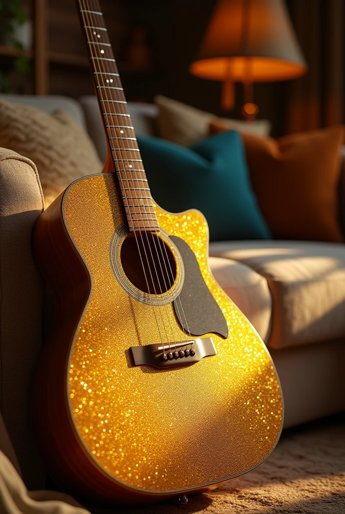 Golden acoustic guitar with glitter that sparkles