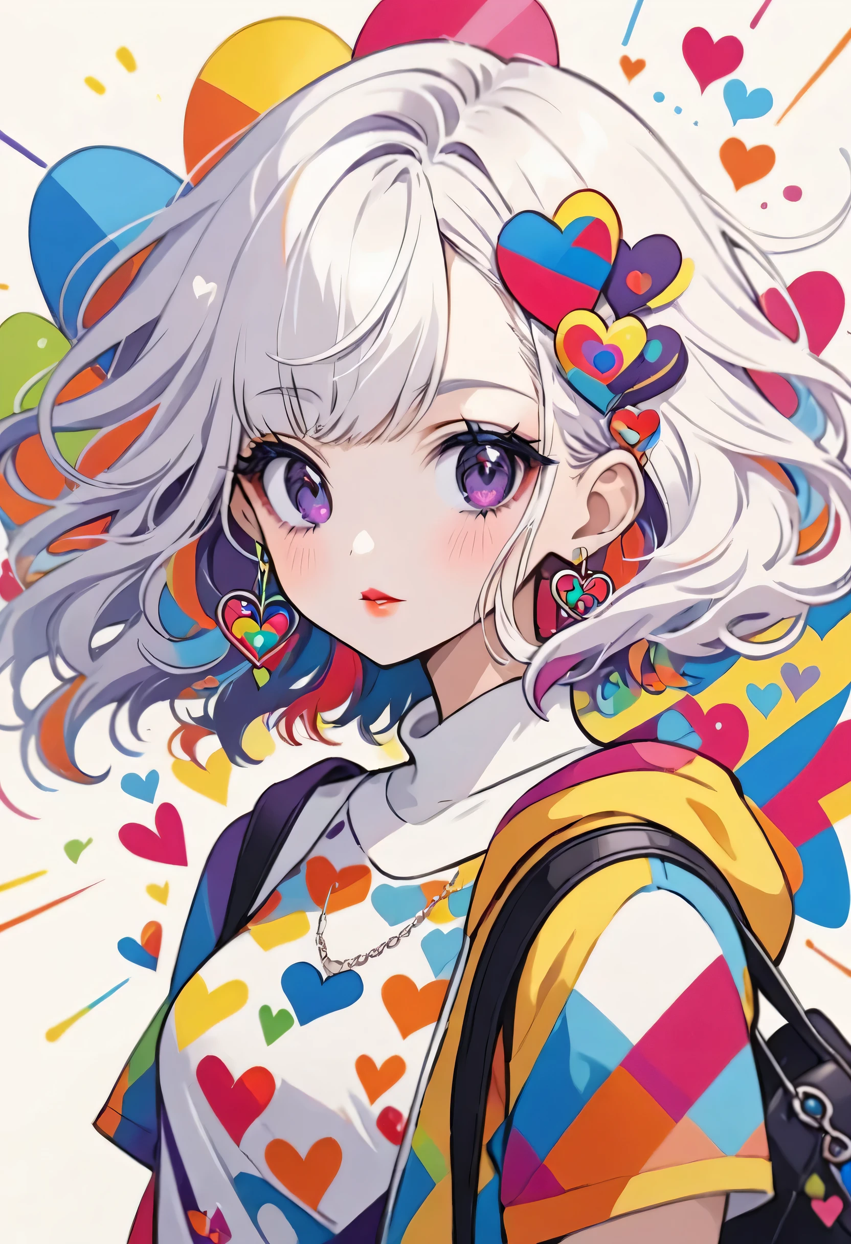 Ultra-realism Vasily Kandinsky colorful style, Simple Line Initialism，Abstract art，(((The most beautiful girl of all time))), Sweet face. Lips in love, colorful hearts, stylish design, Stylish summer clothes, Dark Eyes, Playing, Harajuku Street